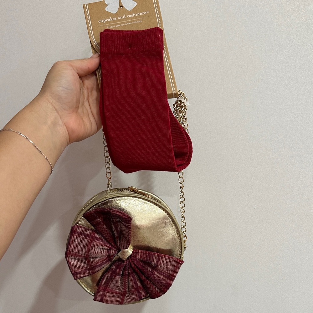 cupcakes & cashmere Gold Mini Bag with Red Plaid Bow